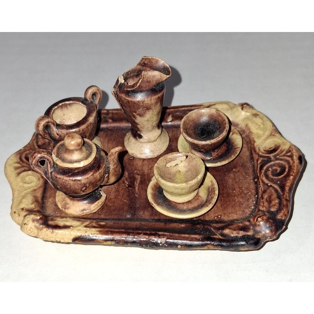 Vintage Miniature Pottery 9 Piece Tea Set Tortoise Shell Glaze Made In Mexico
